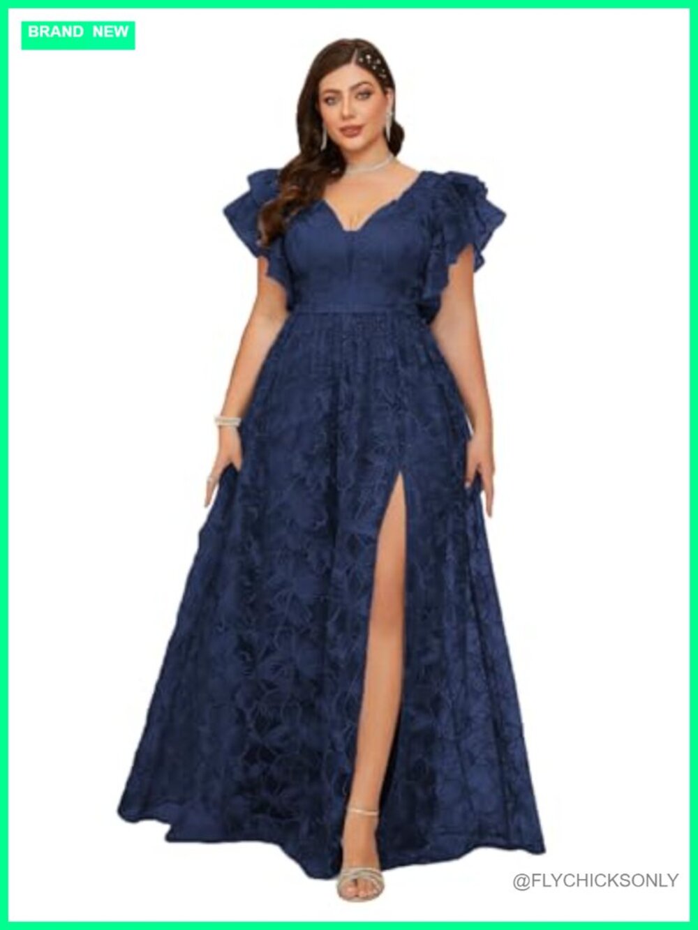 Plus Size V Neck Ruffled Sleeve Lace Embroidered Maxi Dress High Slit Formal